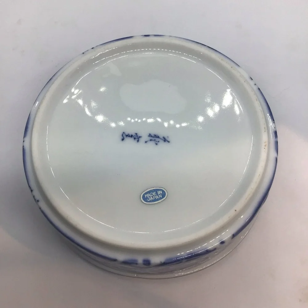 Vintage Porcelain Round Trinket Box with Lid Blue Floral Pattern Japan Signed